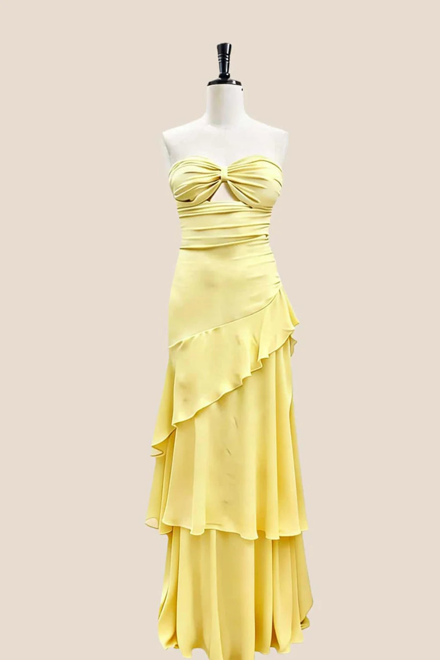 Flowy Chiffon A-Line Strapless Keyhole-Twist Tiered Lace-Up Floor-Length Evening Dress.