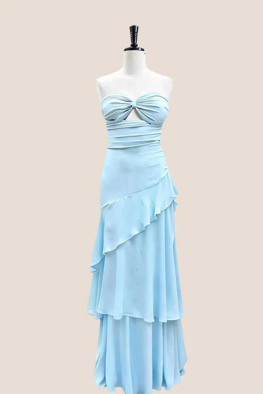 Back view of the Flowy Chiffon A-Line Strapless Keyhole-Twist Tiered Lace-Up Floor-Length Evening Dress.