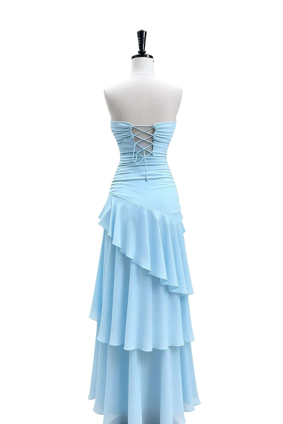 Side view of the Flowy Chiffon A-Line Strapless Keyhole-Twist Tiered Lace-Up Floor-Length Evening Dress.
