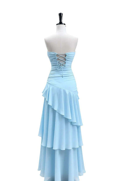 Side view of the Flowy Chiffon A-Line Strapless Keyhole-Twist Tiered Lace-Up Floor-Length Evening Dress.