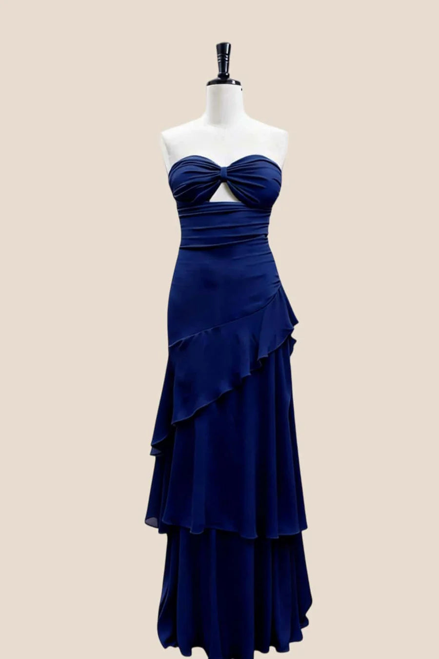 Model wearing the Flowy Chiffon A-Line Strapless Keyhole-Twist Tiered Lace-Up Floor-Length Evening Dress.