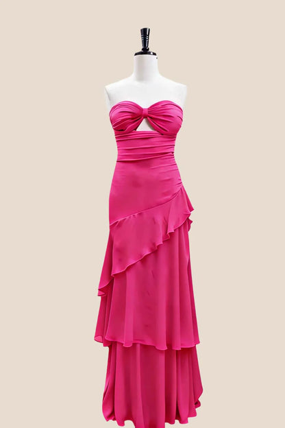 Detail of the flowy chiffon tiers on the evening dress.