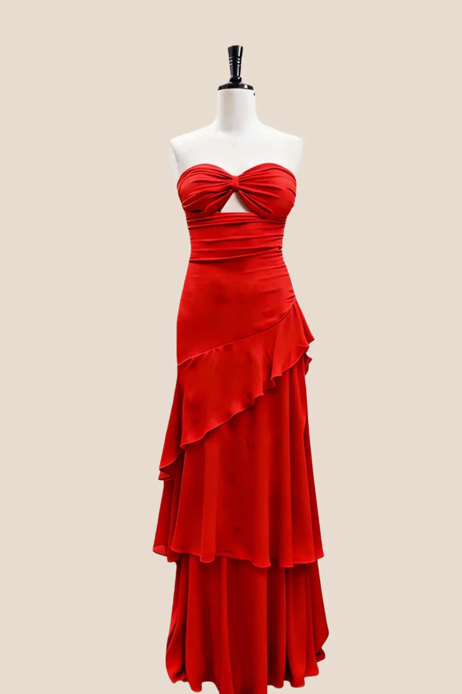 Elegant Flowy Chiffon A-Line Strapless Keyhole-Twist Tiered Lace-Up Floor-Length Evening Dress.