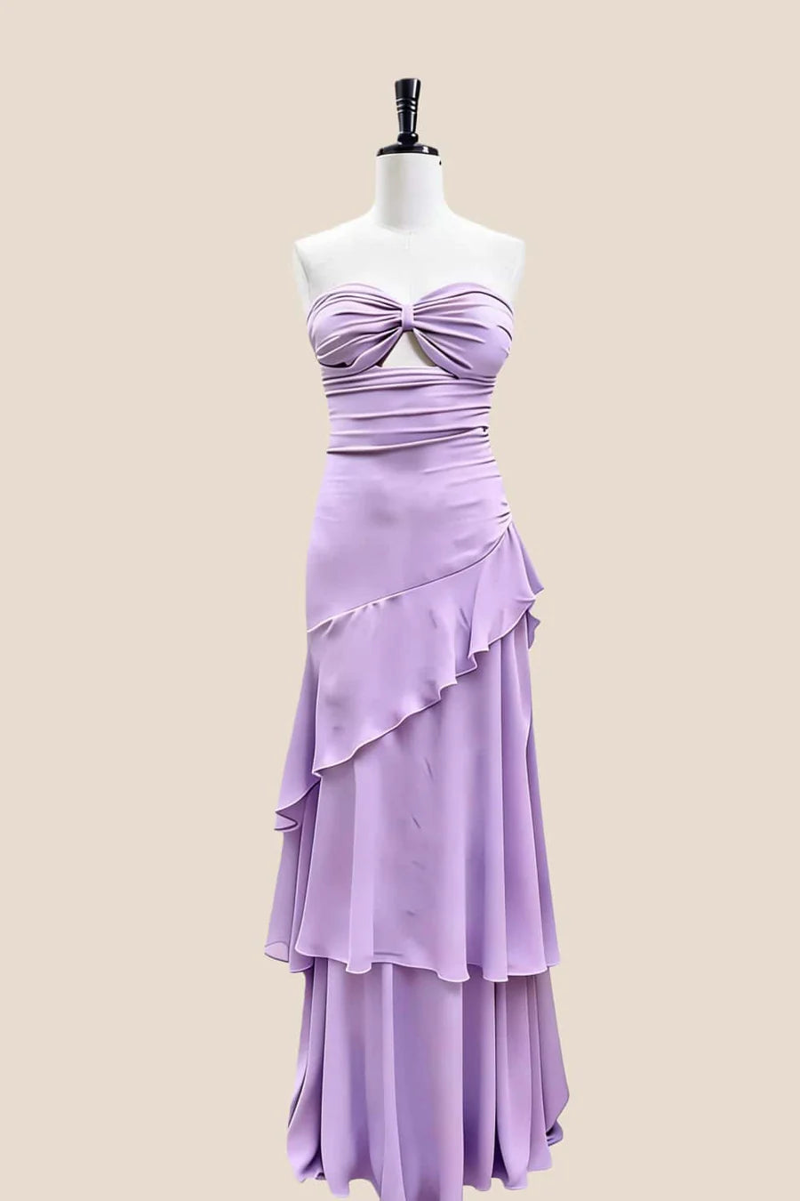 Full length view of the Flowy Chiffon A-Line Strapless Keyhole-Twist Tiered Lace-Up Floor-Length Evening Dress.