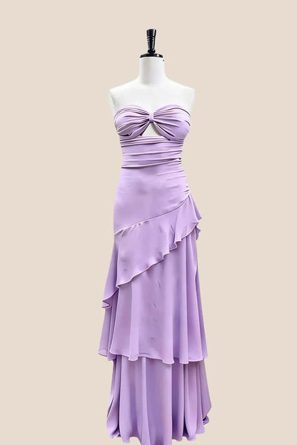 Full length view of the Flowy Chiffon A-Line Strapless Keyhole-Twist Tiered Lace-Up Floor-Length Evening Dress.
