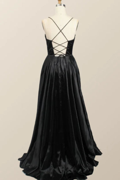 Side view of the elegant flowy satin A-line evening dress.