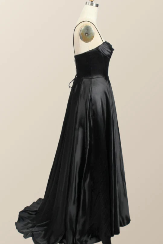 Back view of the satin evening dress showing the lace-up detail.