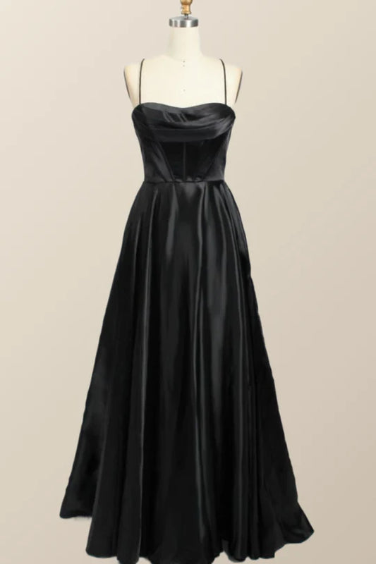 Flowy A-Line Cowl-Neck Spaghetti-Straps Lace-Up Back Floor-Length Evening Dress