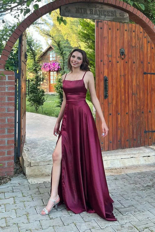 Flowy A-Line Spaghetti-Straps Square-Neck Lace-Up Back High-Slit Floor-Length Evening Dress