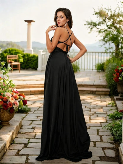 Flowy Chiffon A-Line V-Neck Spaghetti-Strap Lace-Up High-Slit Floor-Length Evening Dress
