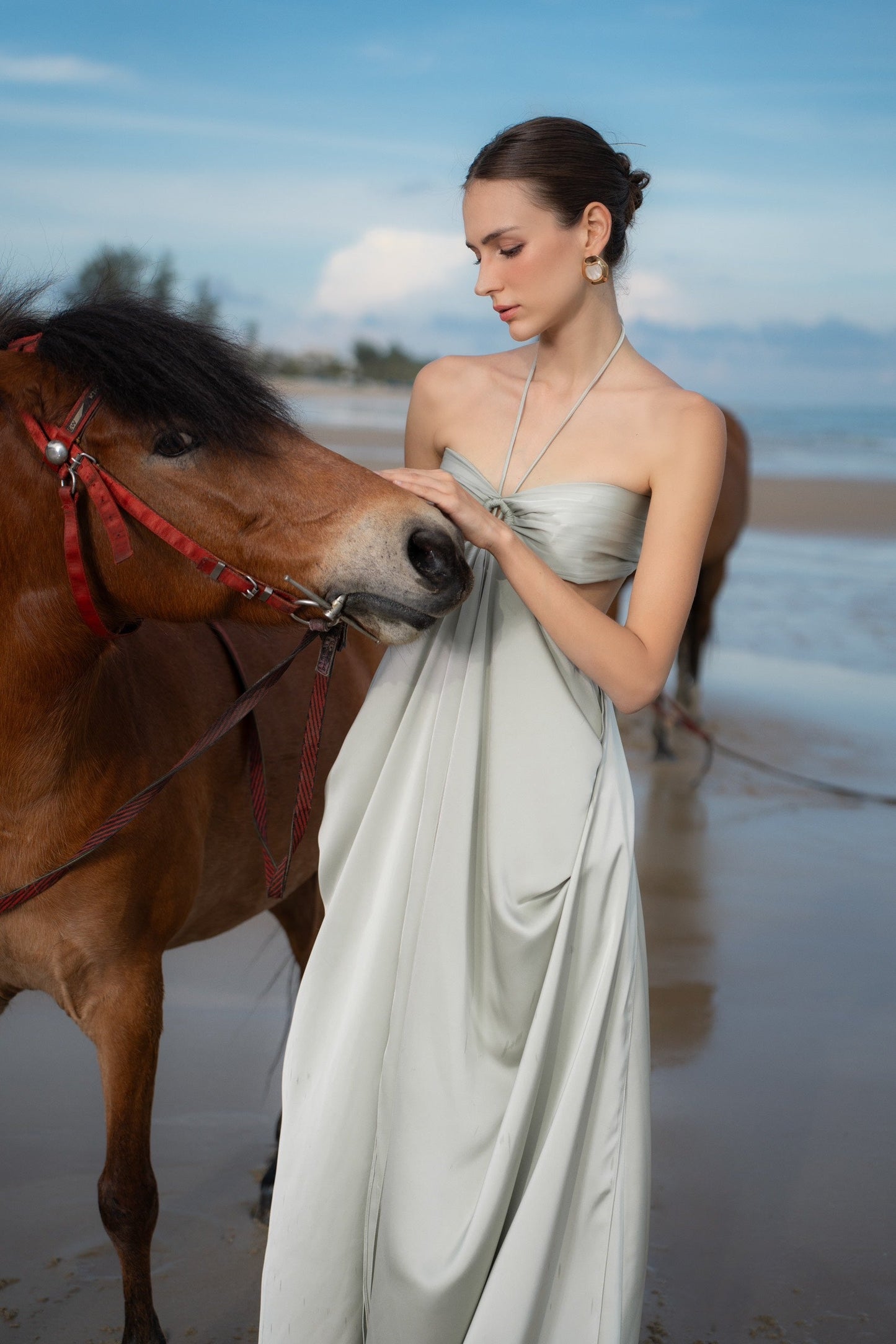Flowy A-line halter neck sleeveless open-back floor-length evening dress