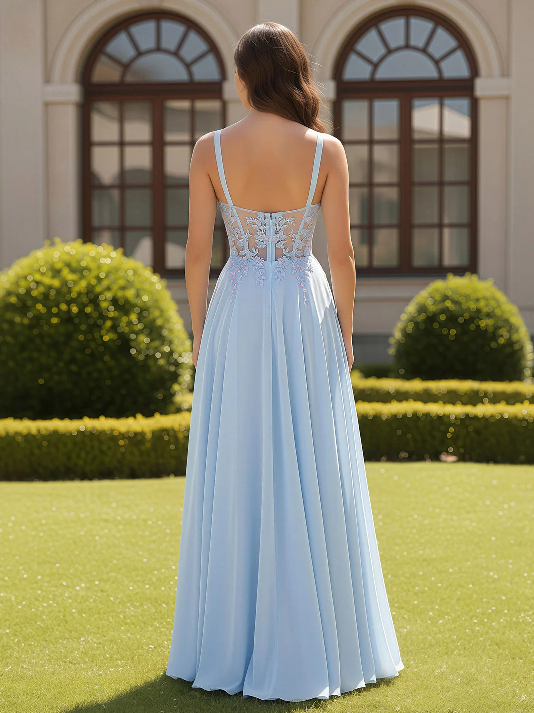 Flowy A-line spaghetti-strap sweetheart lace-bodice floor-length evening dress