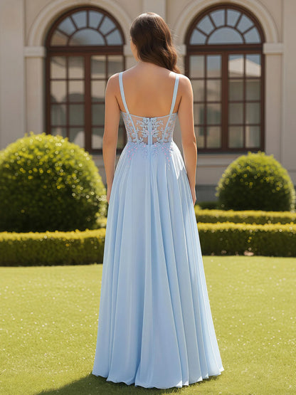 Flowy A-line spaghetti-strap sweetheart lace-bodice floor-length evening dress
