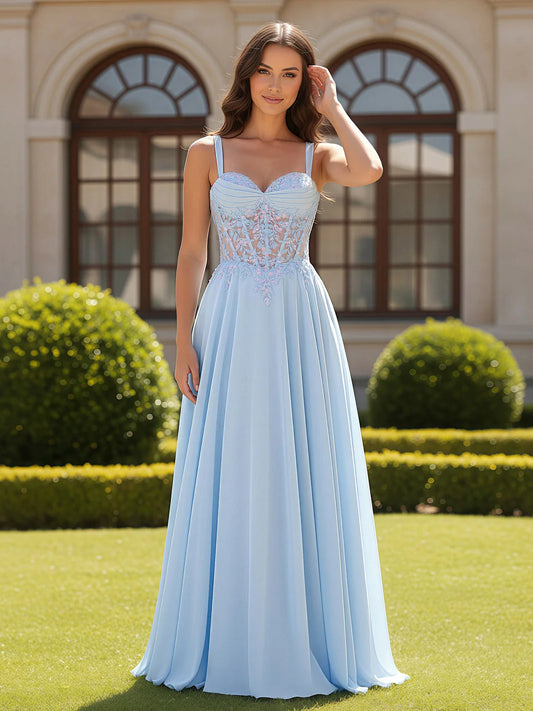 Flowy A-line spaghetti-strap sweetheart lace-bodice floor-length evening dress