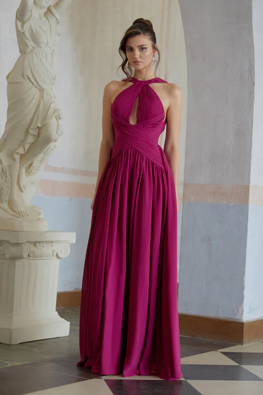 Flowy Chiffon Halter Keyhole Sleeveless Open Back Floor Length Evening Dress with Bow