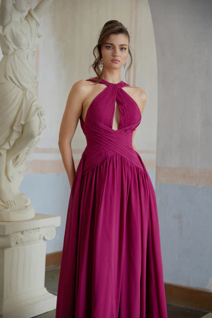 Flowy Chiffon Halter Keyhole Sleeveless Open Back Floor Length Evening Dress with Bow