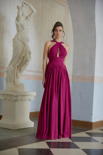 Flowy Chiffon Halter Keyhole Sleeveless Open Back Floor Length Evening Dress with Bow