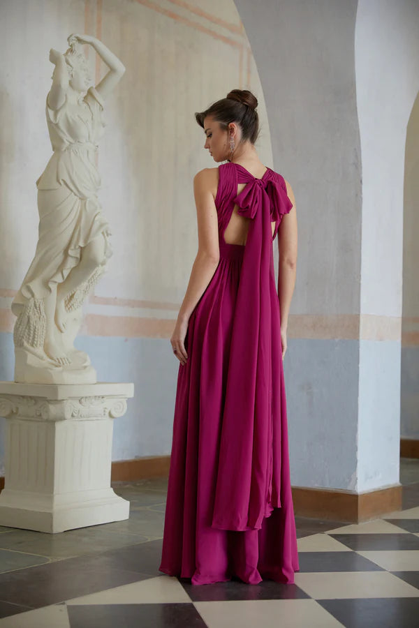 Flowy Chiffon Halter Keyhole Sleeveless Open Back Floor Length Evening Dress with Bow