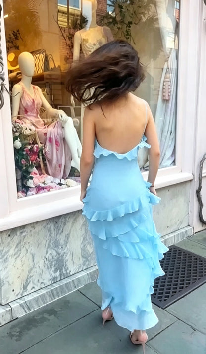 Flowy Chiffon Sheath V-Neck Spaghetti Straps Open Back Floor-Length Prom Dresses