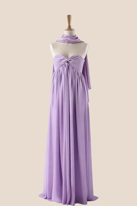 Flowy Empire-Waist Strapless Sweetheart Sleeveless Halter-Tie Floor-Length Evening Dress
