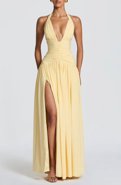 Elegant Halter Neck Lace-Up High Slit Yellow Flowy Floor Length Prom Dress