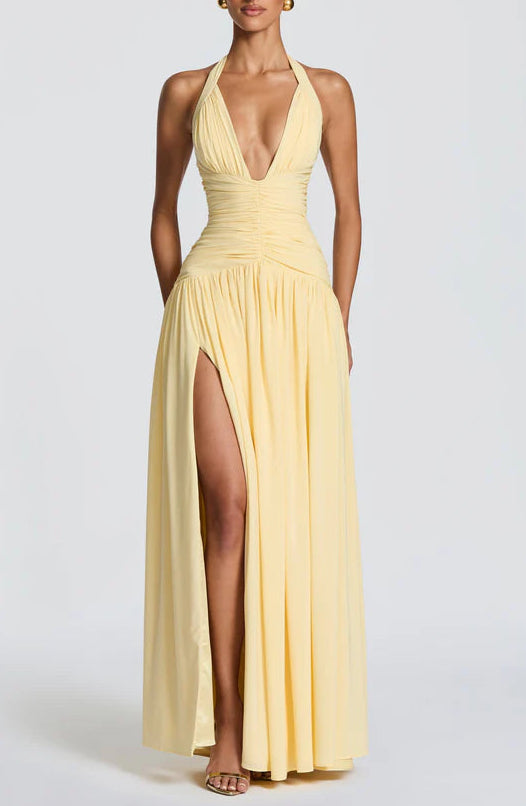 Flowy Fitted Halter Neck Sleeveless Lace Up Back High Slit Floor Length Prom Dress
