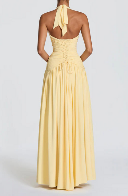 Elegant Halter Neck Lace-Up High Slit Yellow Flowy Floor Length Prom Dress