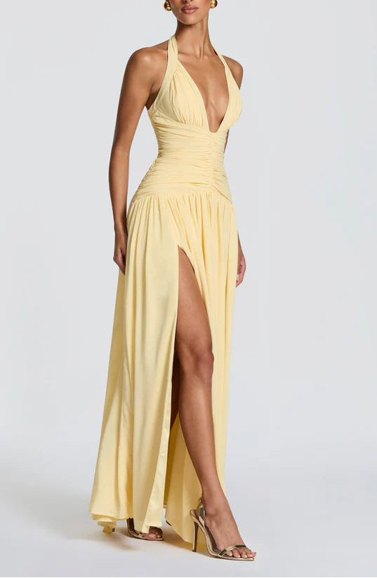 Elegant Halter Neck Lace-Up High Slit Yellow Flowy Floor Length Prom Dress