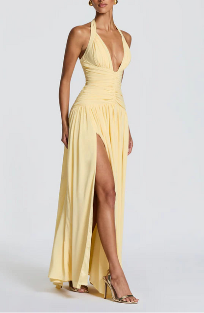 Elegant Halter Neck Lace-Up High Slit Yellow Flowy Floor Length Prom Dress