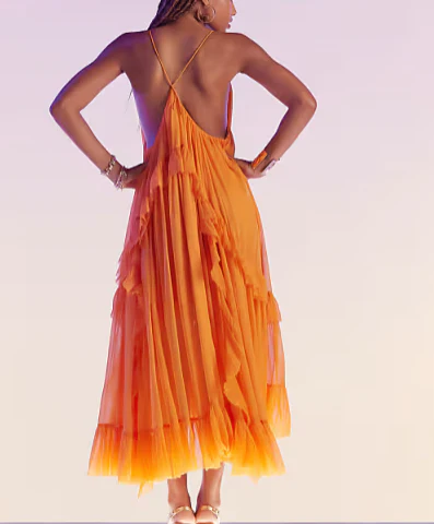 Flowy Halter V-Neck Sleeveless Ruffled Tiered Open Back Floor Length Prom Dress