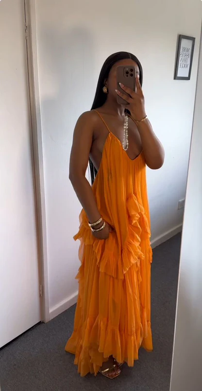 Flowy Halter V-Neck Sleeveless Ruffled Tiered Open Back Floor Length Prom Dress