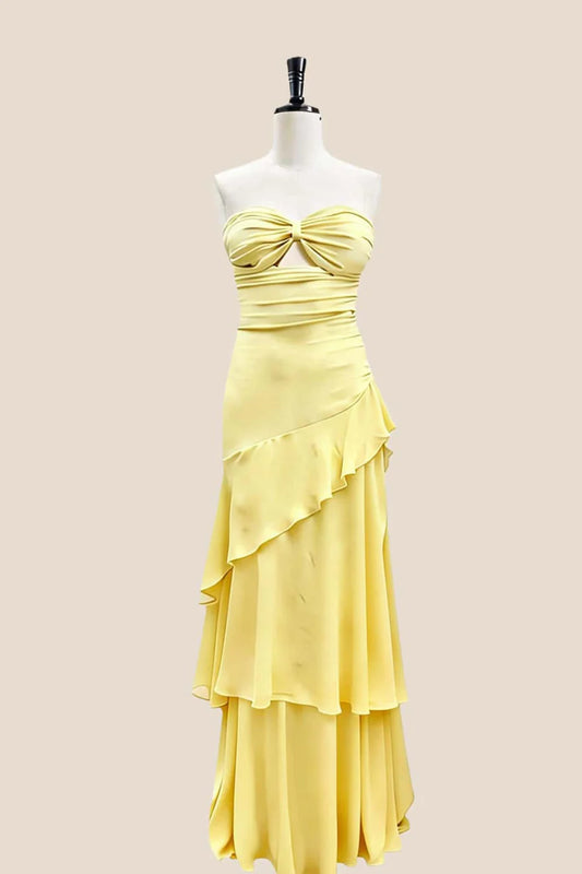 Flowy Tiered Strapless Keyhole-Twist Sleeveless Lace-Up Back Floor-Length Evening Dress