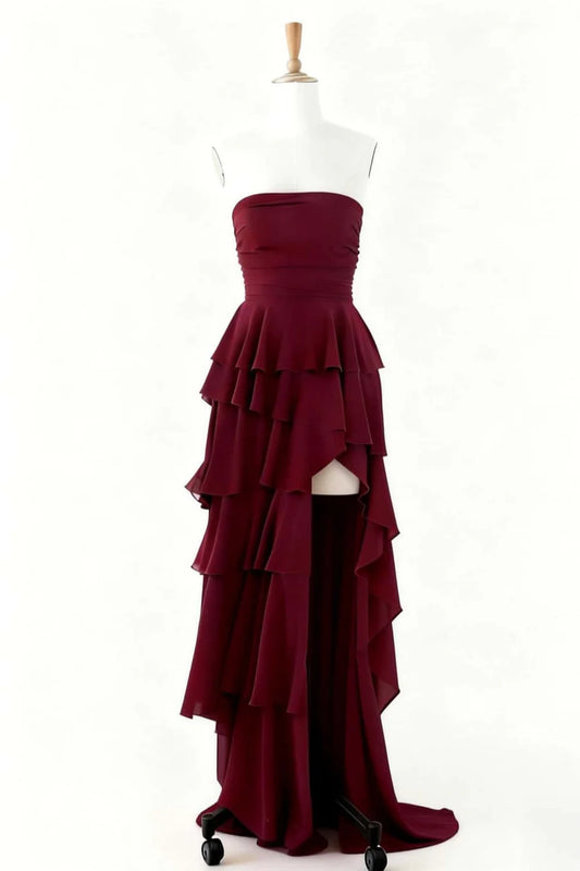 Flowy Tiered Strapless Tube-Top Sleeveless Tie-Back High-Low Evening Dress