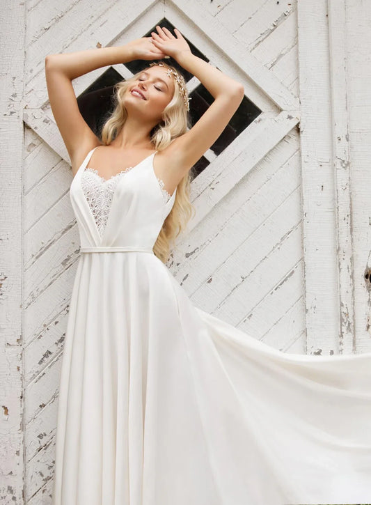 Flowy Boho Chiffon A-Line V-Neck Spaghetti Strap Sleeveless Lace V-Back Floor-Length Wedding Dresses
