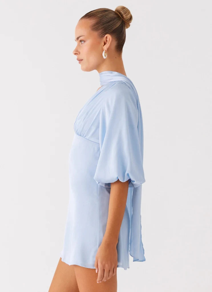 Flowy Chiffon A-Line Deep V-Neck Balloon Sleeve High Back Mini Homecoming Dresses