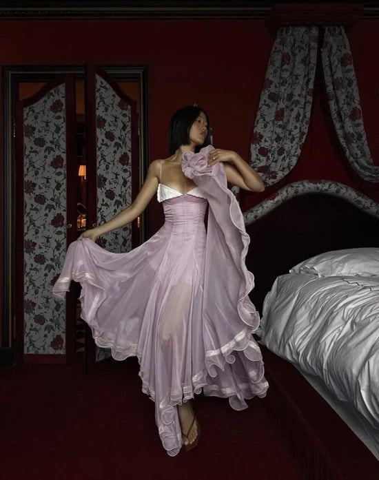 Flowy Chiffon A-Line Sweetheart Spaghetti Strap Low Back Asymmetrical Midi Evening Dresses