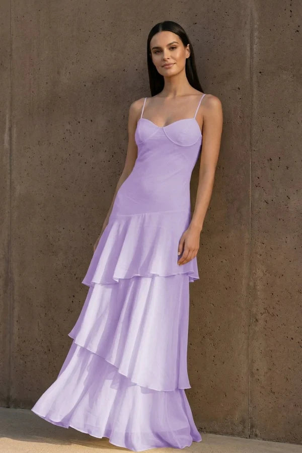 Flowy Chiffon A-Line Sweetheart Spaghetti Straps Lace-Up Back Long Tiered Evening Dresses