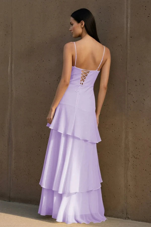 Flowy Chiffon A-Line Sweetheart Spaghetti Straps Lace-Up Back Long Tiered Evening Dresses