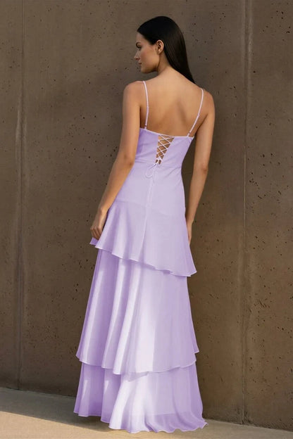 Flowy Chiffon A-Line Sweetheart Spaghetti Straps Lace-Up Back Long Tiered Evening Dresses