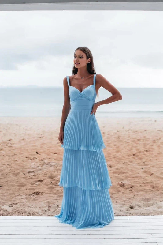 Flowy Chiffon A-Line Sweetheart V-Neck Spaghetti Strap Low V-Back Floor-Length Tiered Evening Dresses