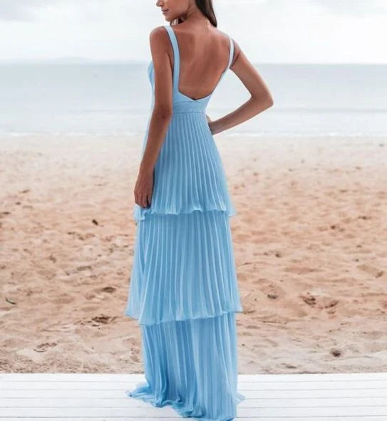 Flowy Chiffon A-Line Sweetheart V-Neck Spaghetti Strap Low V-Back Floor-Length Tiered Evening Dresses