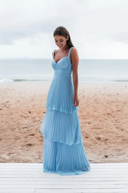 Flowy Chiffon A-Line Sweetheart V-Neck Spaghetti Strap Low V-Back Floor-Length Tiered Evening Dresses