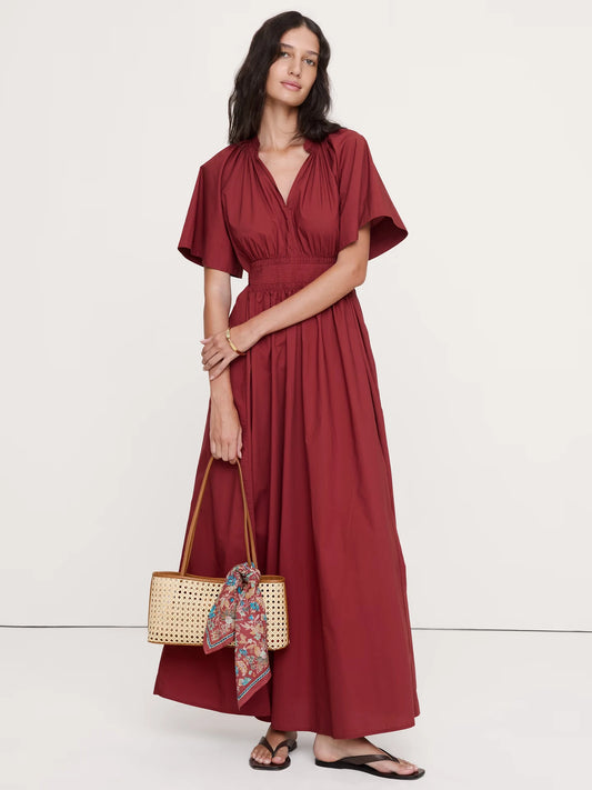 Flowy Chiffon A-Line V-Neck Flutter Sleeve Tie-Back Maxi Evening Dresses