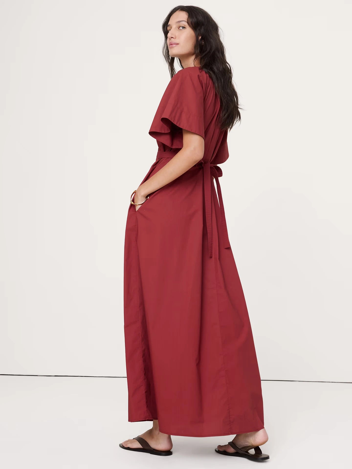 Flowy Chiffon A-Line V-Neck Flutter Sleeve Tie-Back Maxi Evening Dresses