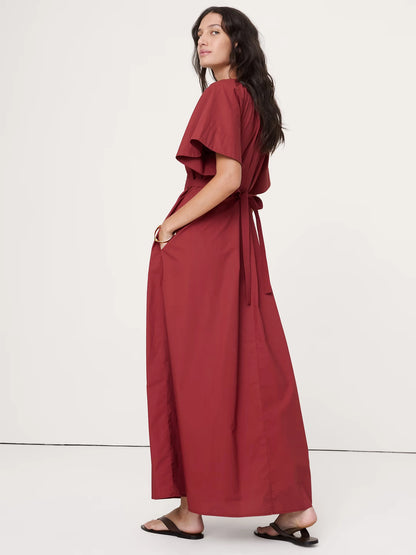 Flowy Chiffon A-Line V-Neck Flutter Sleeve Tie-Back Maxi Evening Dresses