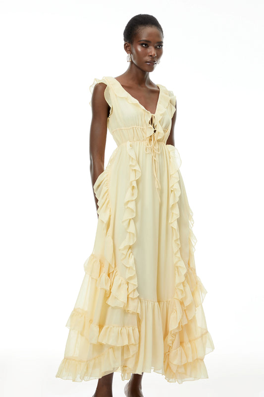 Flowy Chiffon A-Line V-Neck Ruffled Cap Sleeve Yellow Maxi Evening Dress