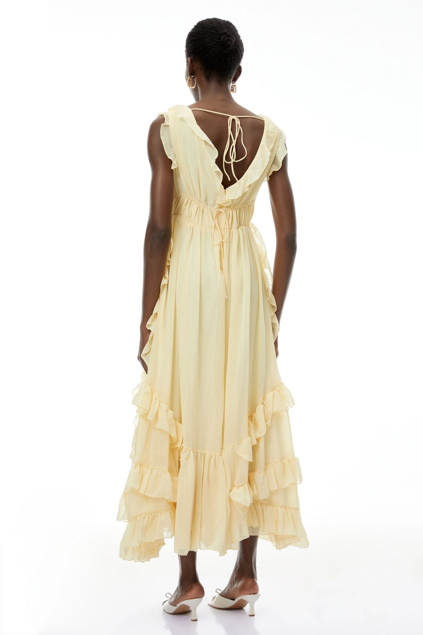 Flowy Chiffon A-Line V-Neck Ruffled Cap Sleeve Yellow Maxi Evening Dress