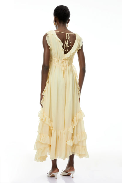 Flowy Chiffon A-Line V-Neck Ruffled Cap Sleeve Yellow Maxi Evening Dress