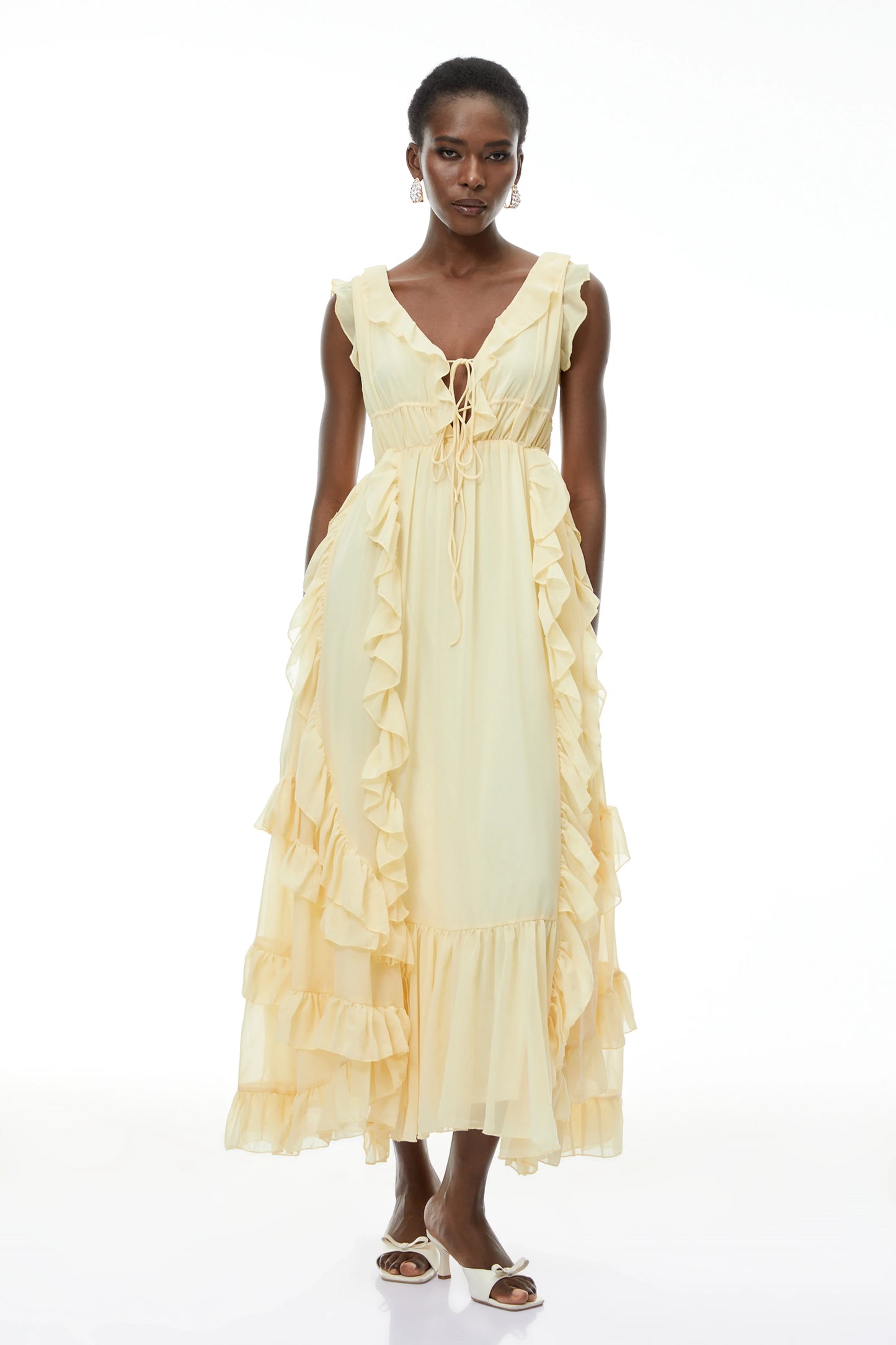 Flowy Chiffon A-Line V-Neck Ruffled Cap Sleeve Yellow Maxi Evening Dress