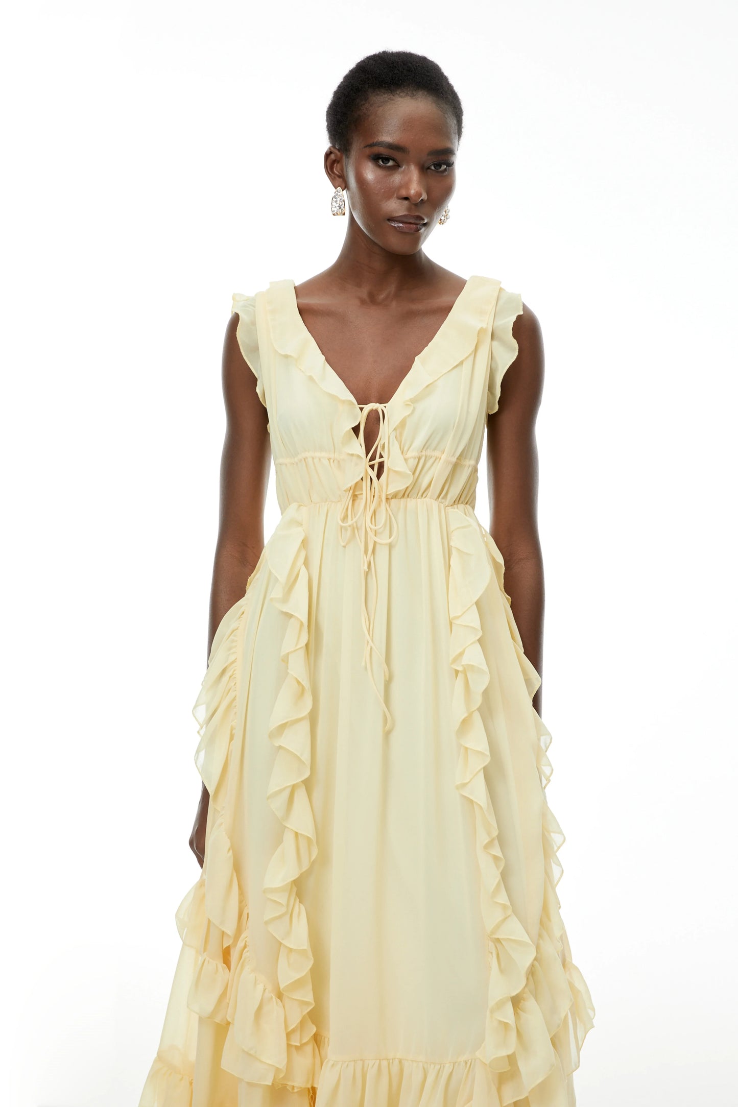 Flowy Chiffon A-Line V-Neck Ruffled Cap Sleeve Yellow Maxi Evening Dress